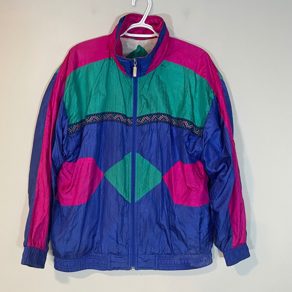 Janeve VTG 90s Colorblock Windbreaker Jacket L Purple‎ Pink Teal Saved By Bell